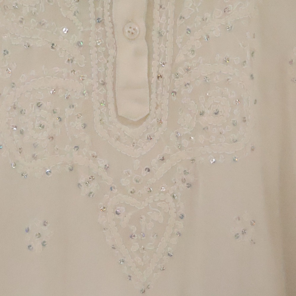 Boho Embroidered Sequin Chiffon Sheer Tunic Top Womens Size L Cream Festival - Picture 3 of 9